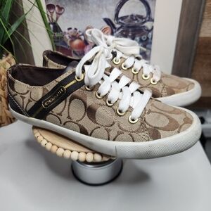 Coach Women's Tan and White Canvas Sneakers